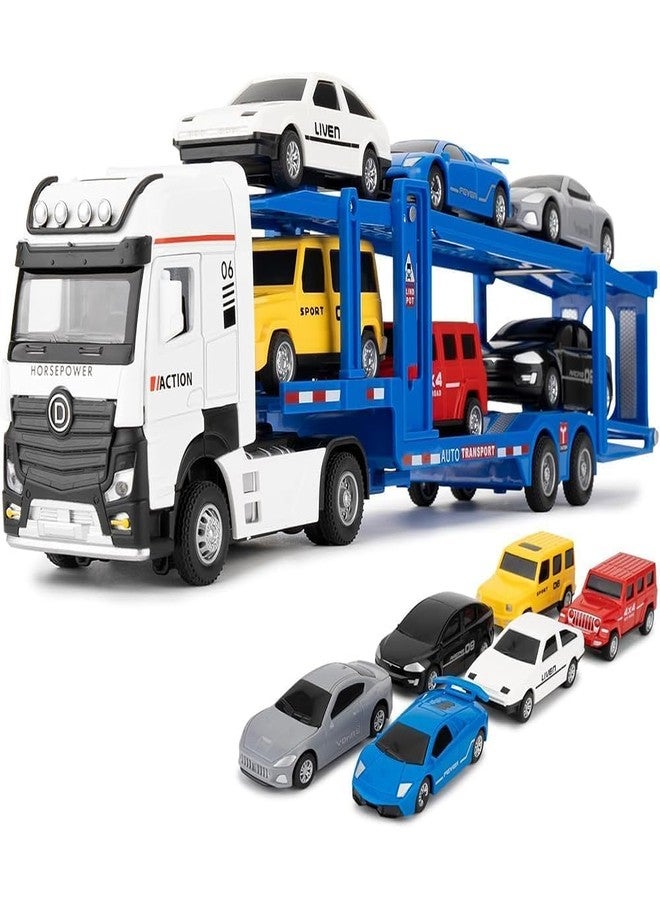KING FORU Die-Cast Car Carrier Truck Toy Set with 6 Vehicles, Lights and Sounds, 36 cm Transport Trailer with Pull-Back Action - Image 5